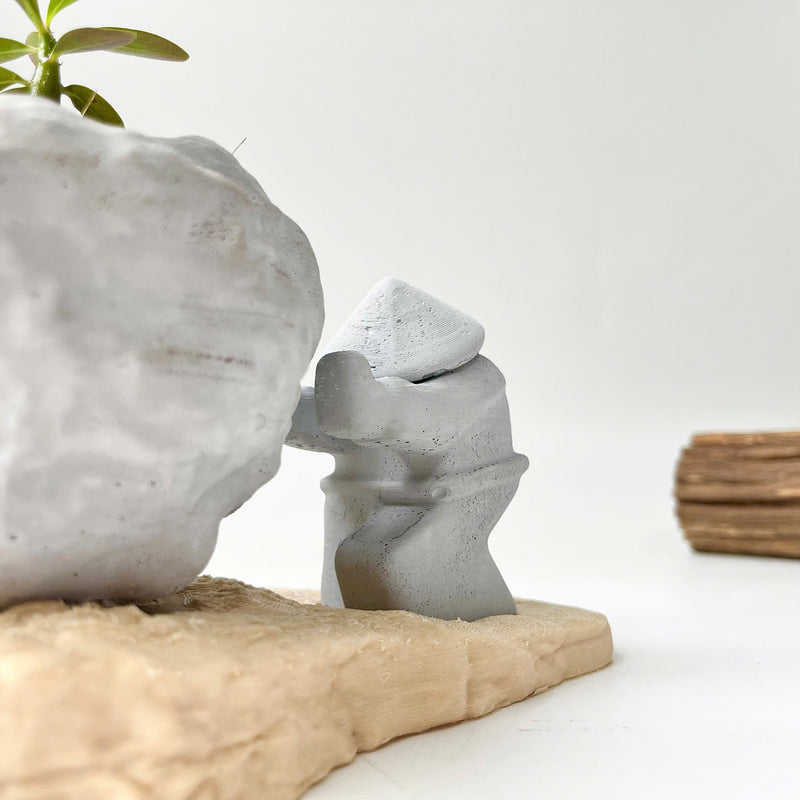Rock-Shaped Plant Pot, Plant Pot with Man Pushing Rock, Sisyphus Inspired