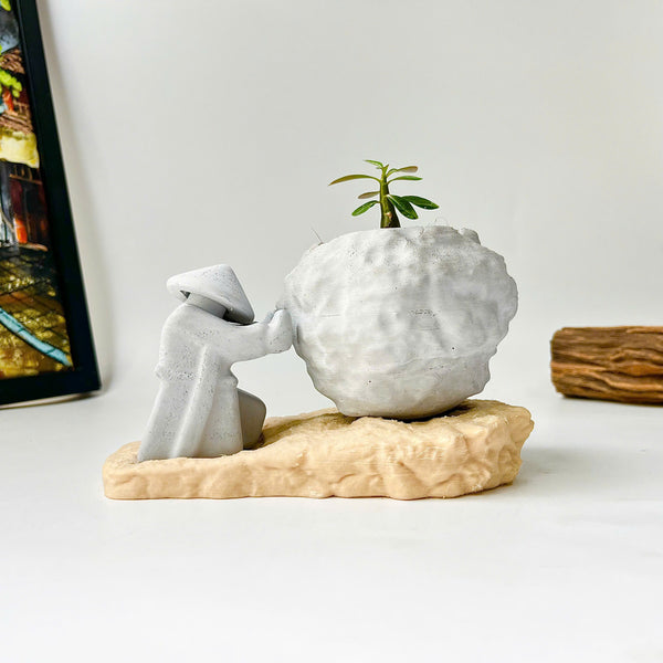 Rock-Shaped Plant Pot, Plant Pot with Man Pushing Rock, Sisyphus Inspired