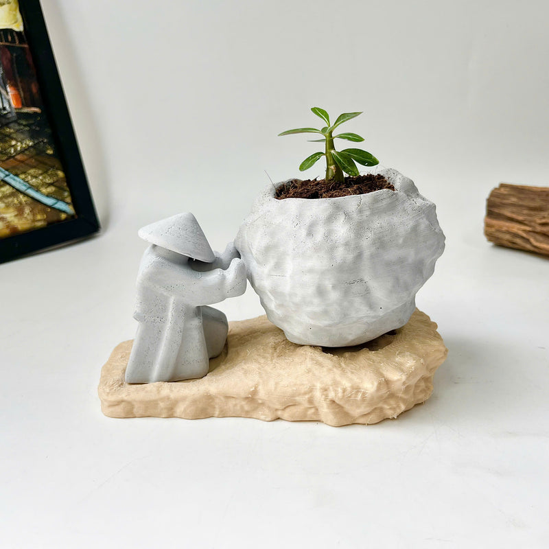 Rock-Shaped Plant Pot, Plant Pot with Man Pushing Rock, Sisyphus Inspired