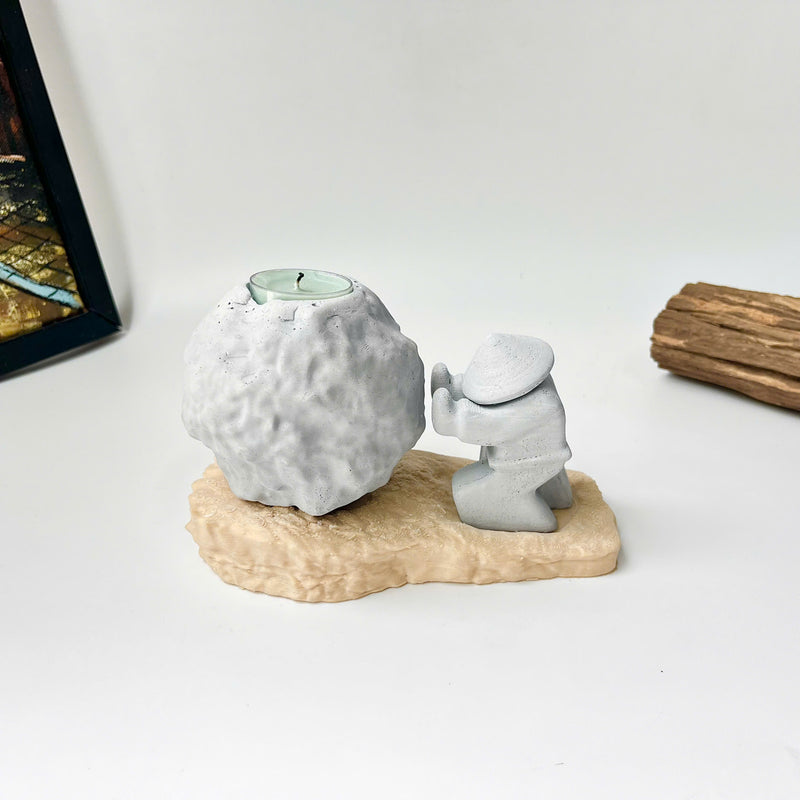 Rock-Shaped Candle Holder, Candle Holder with Man Pushing Rock, Sisyphus Inspired