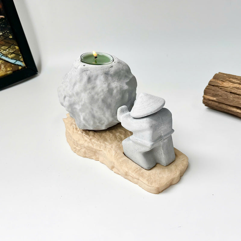 Rock-Shaped Candle Holder, Candle Holder with Man Pushing Rock, Sisyphus Inspired