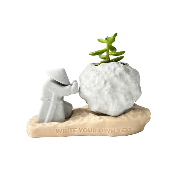 Rock-Shaped Plant Pot, Plant Pot with Man Pushing Rock, Custom Name Available