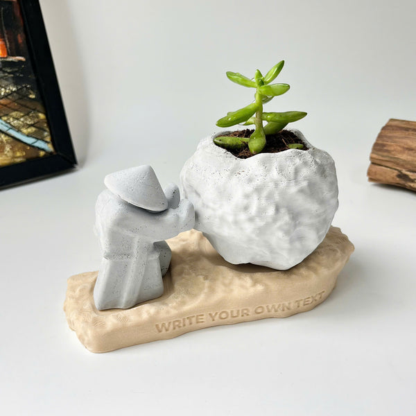 Rock-Shaped Plant Pot, Plant Pot with Man Pushing Rock, Custom Name Available