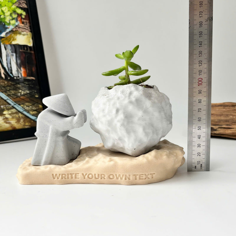 Rock-Shaped Plant Pot, Plant Pot with Man Pushing Rock, Custom Name Available