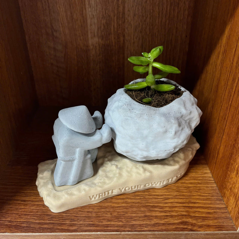 Rock-Shaped Plant Pot, Plant Pot with Man Pushing Rock, Custom Name Available
