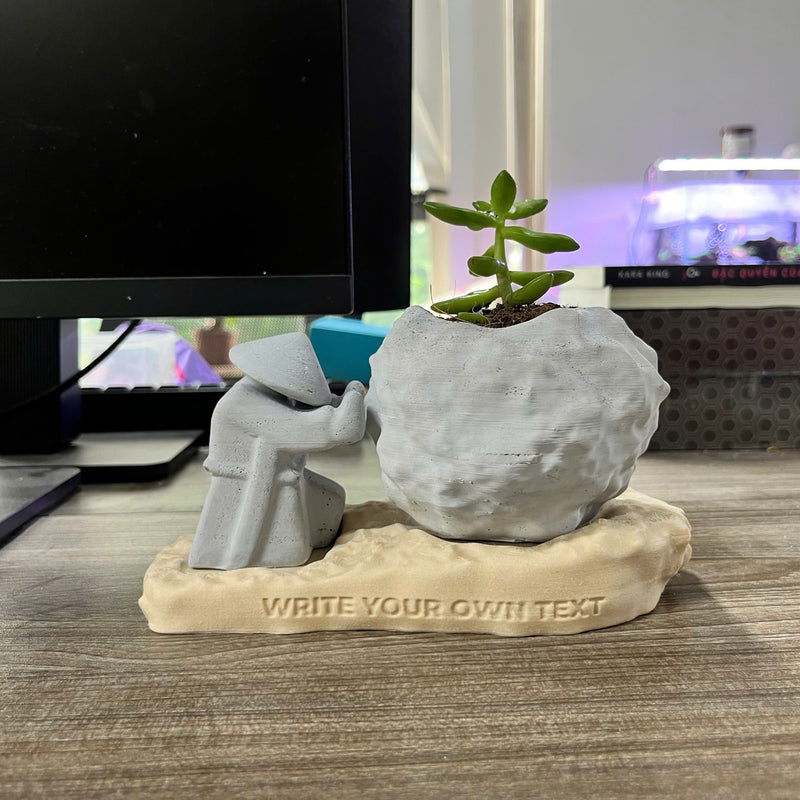Rock-Shaped Plant Pot, Plant Pot with Man Pushing Rock, Custom Name Available