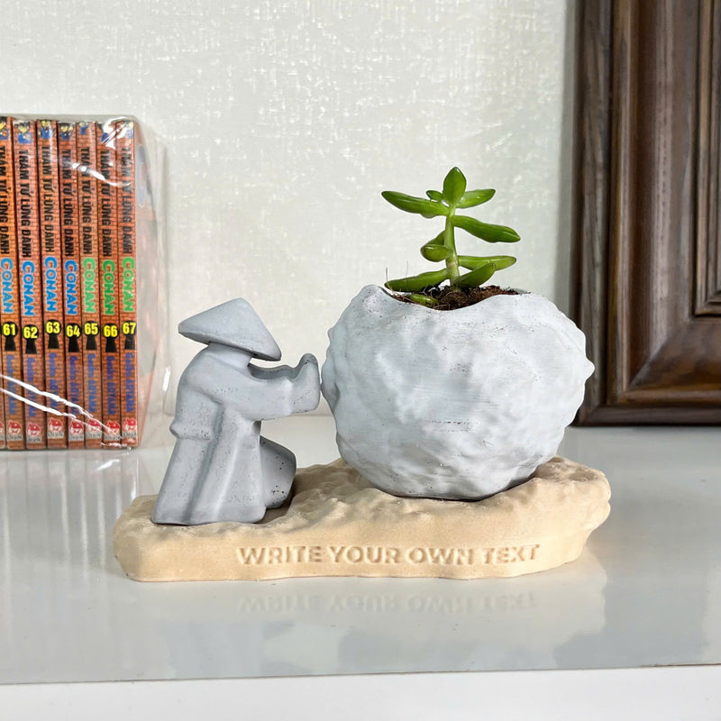 Rock-Shaped Plant Pot, Plant Pot with Man Pushing Rock, Custom Name Available