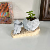 Rock-Shaped Plant Pot, Plant Pot with Man Pushing Rock, Custom Name Available