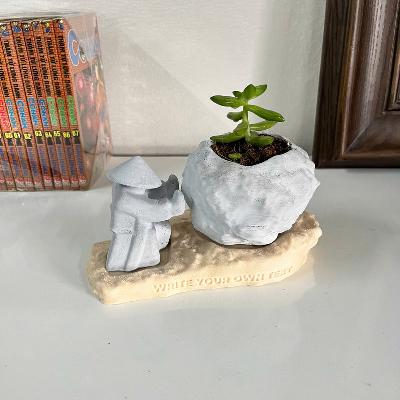 Rock-Shaped Plant Pot, Plant Pot with Man Pushing Rock, Custom Name Available