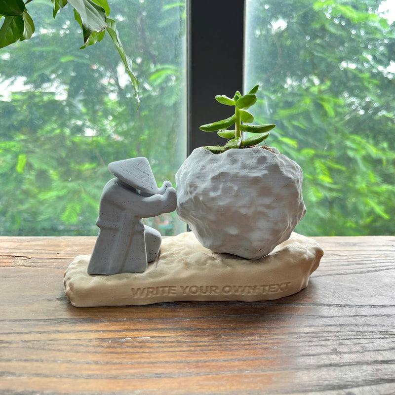 Rock-Shaped Plant Pot, Plant Pot with Man Pushing Rock, Custom Name Available