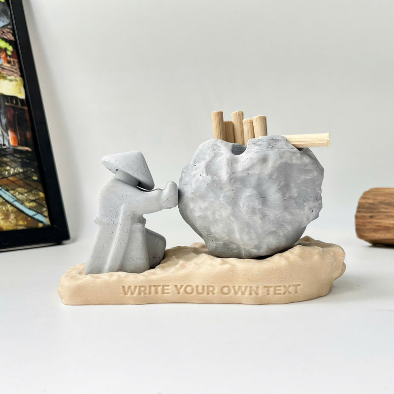 Rock-Shaped Ashtray, Ashtray with Man Pushing Rock, Custom Name Available