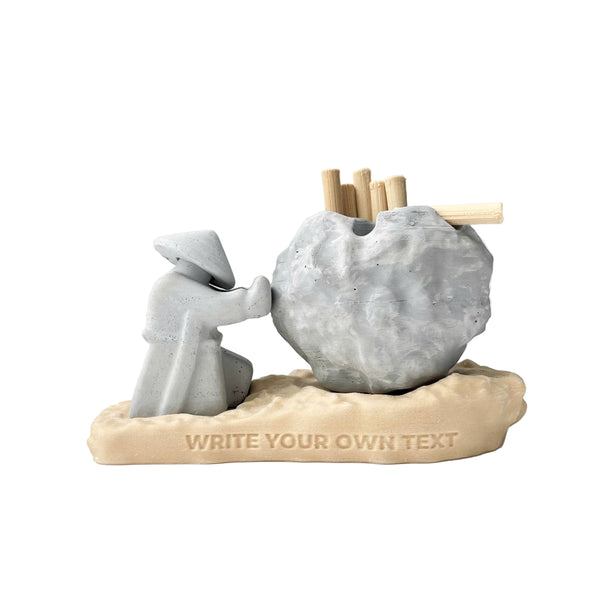 Rock-Shaped Ashtray, Ashtray with Man Pushing Rock, Custom Name Available