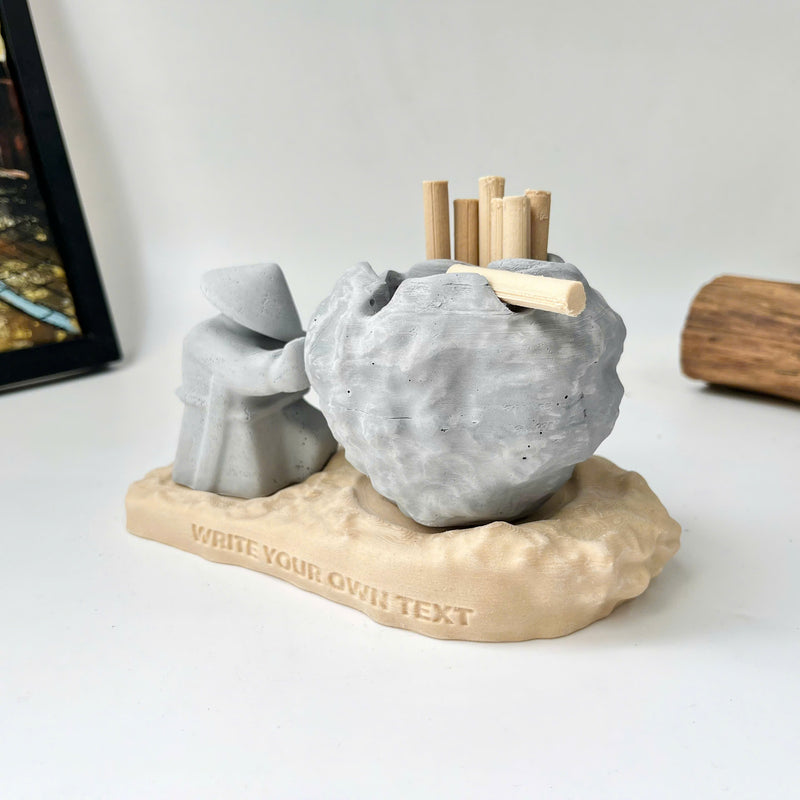 Rock-Shaped Ashtray, Ashtray with Man Pushing Rock, Custom Name Available