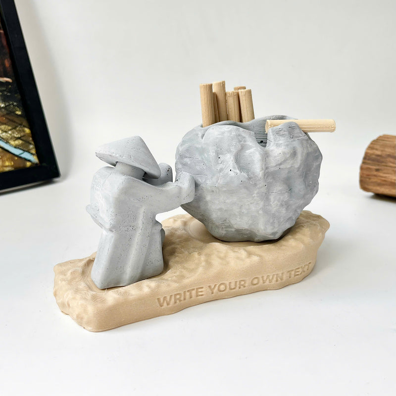 Rock-Shaped Ashtray, Ashtray with Man Pushing Rock, Custom Name Available