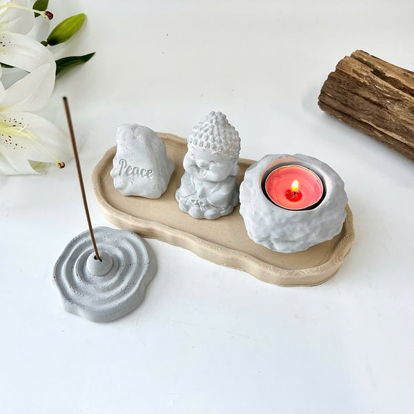 Set of “Peace” Monk Statues (3D Printed), Round Incense Holder