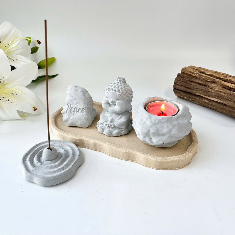 Set of “Peace” Monk Statues (3D Printed), Round Incense Holder