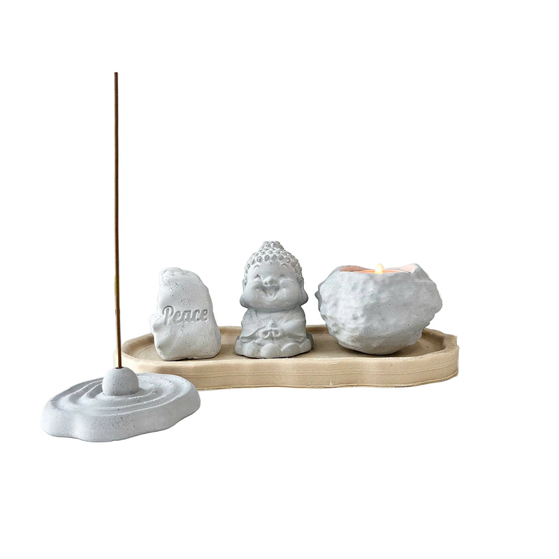 Set of “Peace” Monk Statues (3D Printed), Round Incense Holder