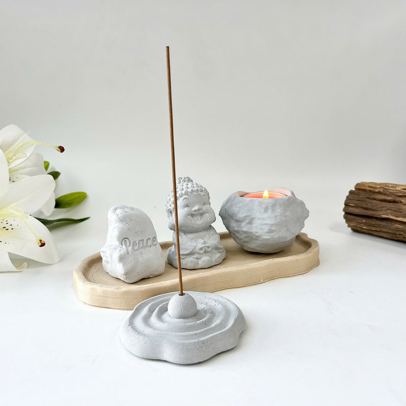 Set of “Peace” Monk Statues (3D Printed), Round Incense Holder