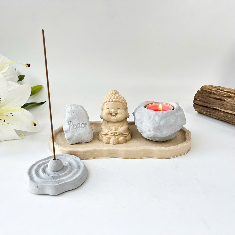 Set of “Peace” Monk Statues (Concrete), Round Incense Holder