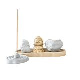 Set of “Peace” Monk Statues (Concrete), Round Incense Holder