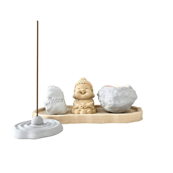 Set of “Peace” Monk Statues (Concrete), Round Incense Holder