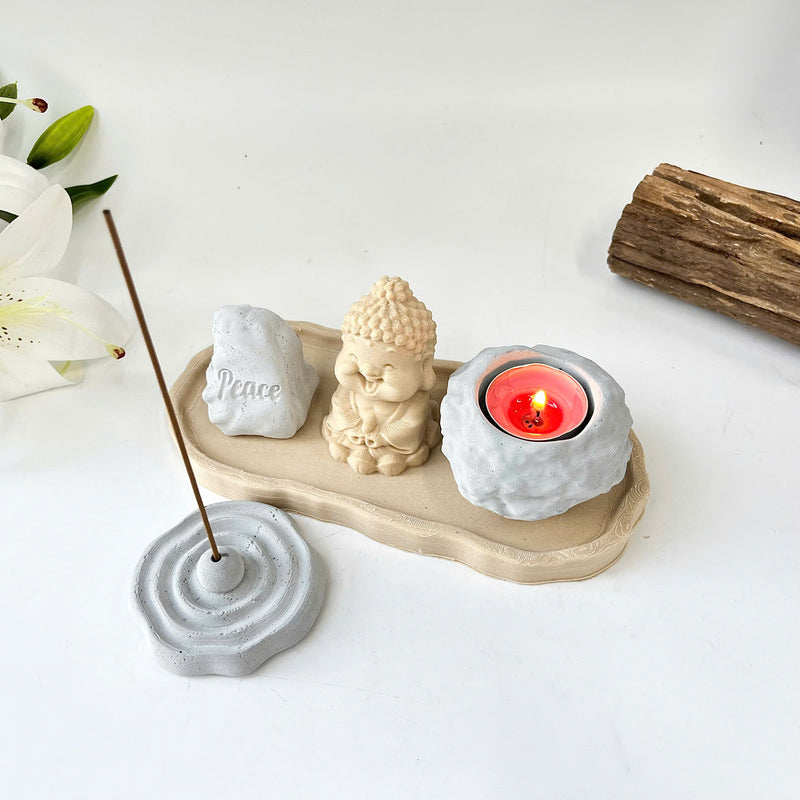 Set of “Peace” Monk Statues (Concrete), Round Incense Holder