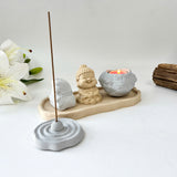Set of “Peace” Monk Statues (Concrete), Round Incense Holder