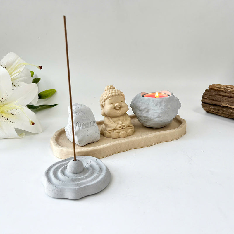 Set of “Peace” Monk Statues (Concrete), Round Incense Holder
