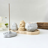 Set of “Peace” Monk Statues (Concrete), Round Incense Holder
